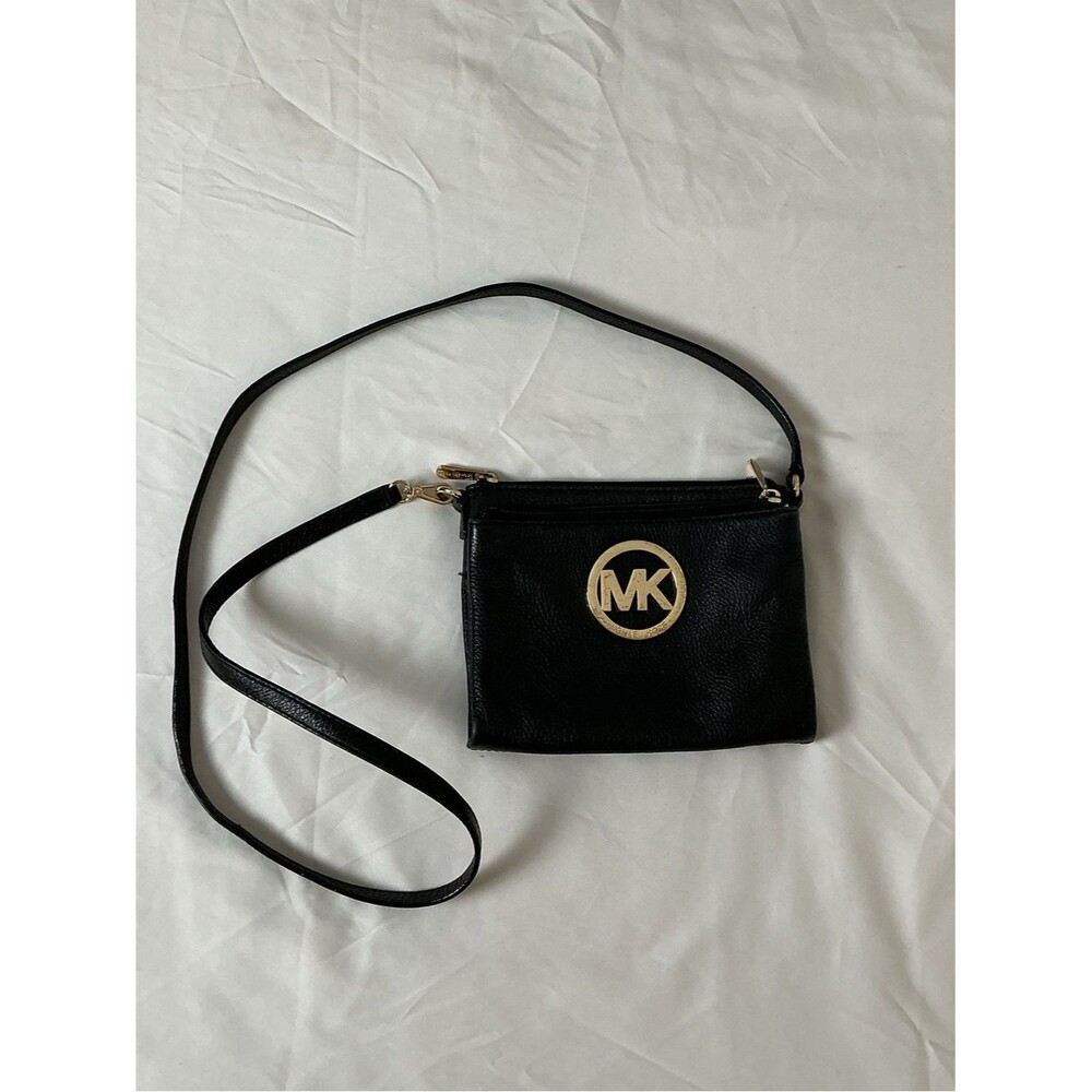 Michael Kors Black Leather Crossbody with Gold MK Medallion